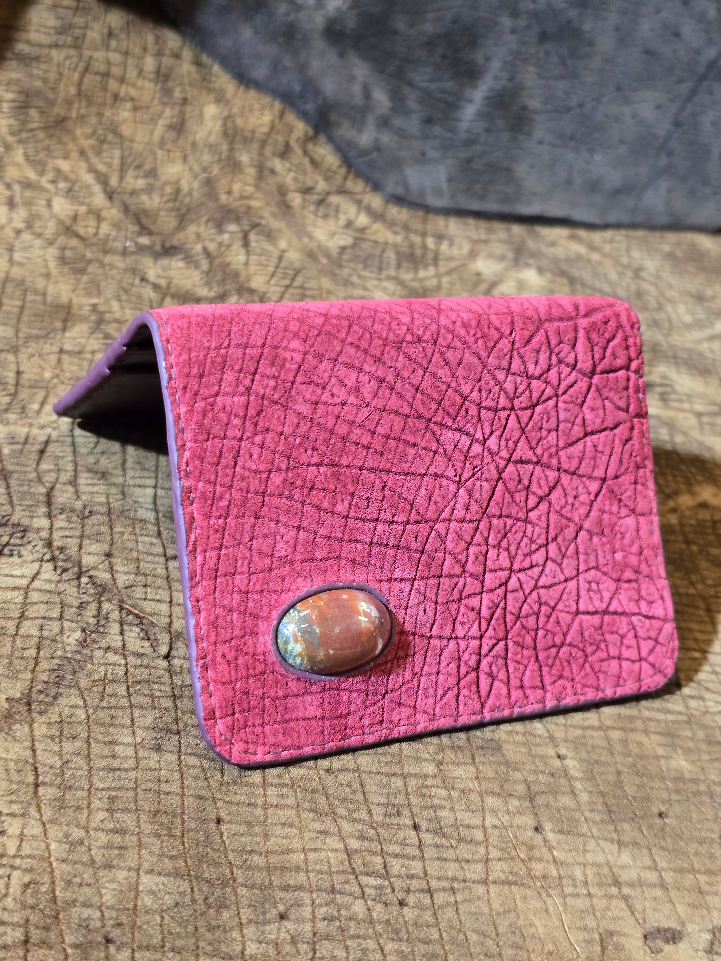 Pink Hippo Folding Card Holder With Blood Jasper